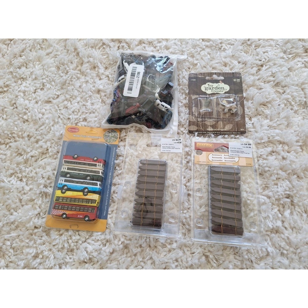 Miniature Bundle Of Brown Picket Fence, Buses, Cars, Cats